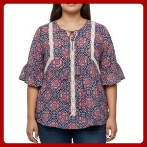 Artesia Blouse Women's L Boho Peasant Tassel Lace Bell Sleeve Paisley Print